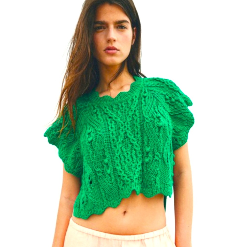 Zara Green Sweater Cable Knit Shawl Crop Top